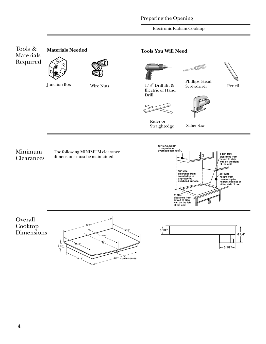 GE Monogram ZEU30R installation instructions Tools, Materials Required, Minimum Clearances Overall, Cooktop Dimensions 