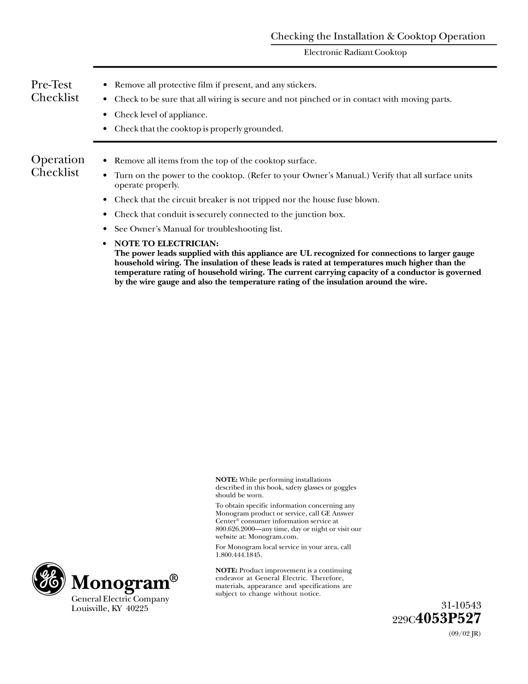 GE Monogram ZEU30R Monogram, Pre-Test Checklist, Operation Checklist, Checking the Installation & Cooktop Operation 