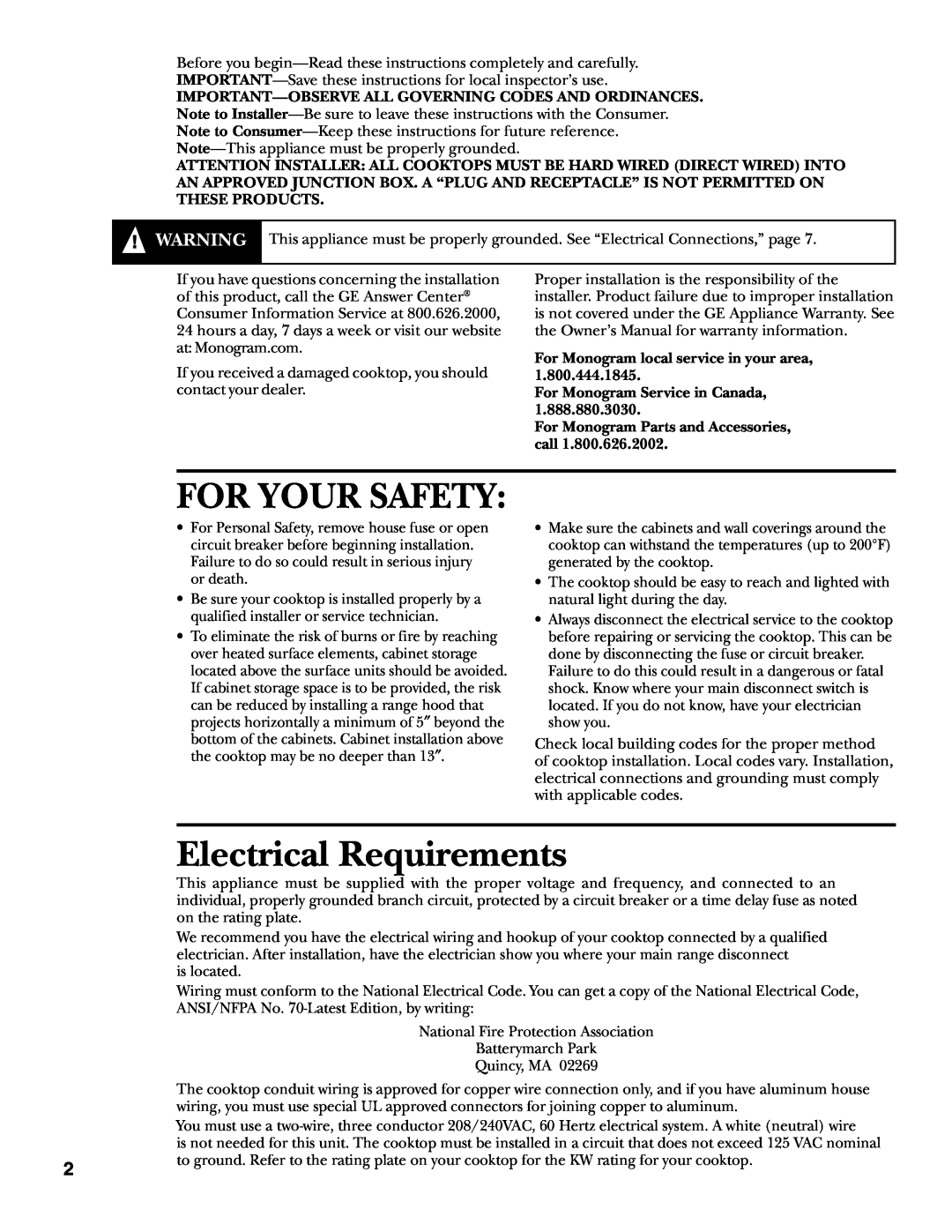 GE Monogram ZEU30R Electrical Requirements, For Monogram local service in your area, For Monogram Service in Canada 