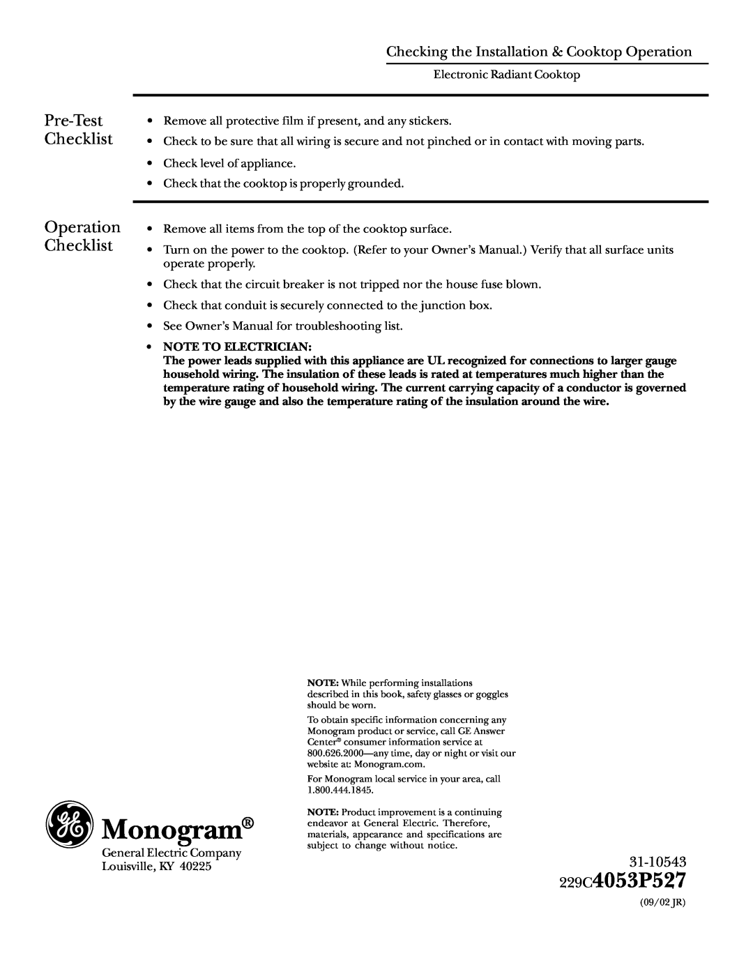 GE Monogram ZEU30R Monogram, Pre-Test Checklist, Operation Checklist, Checking the Installation & Cooktop Operation 
