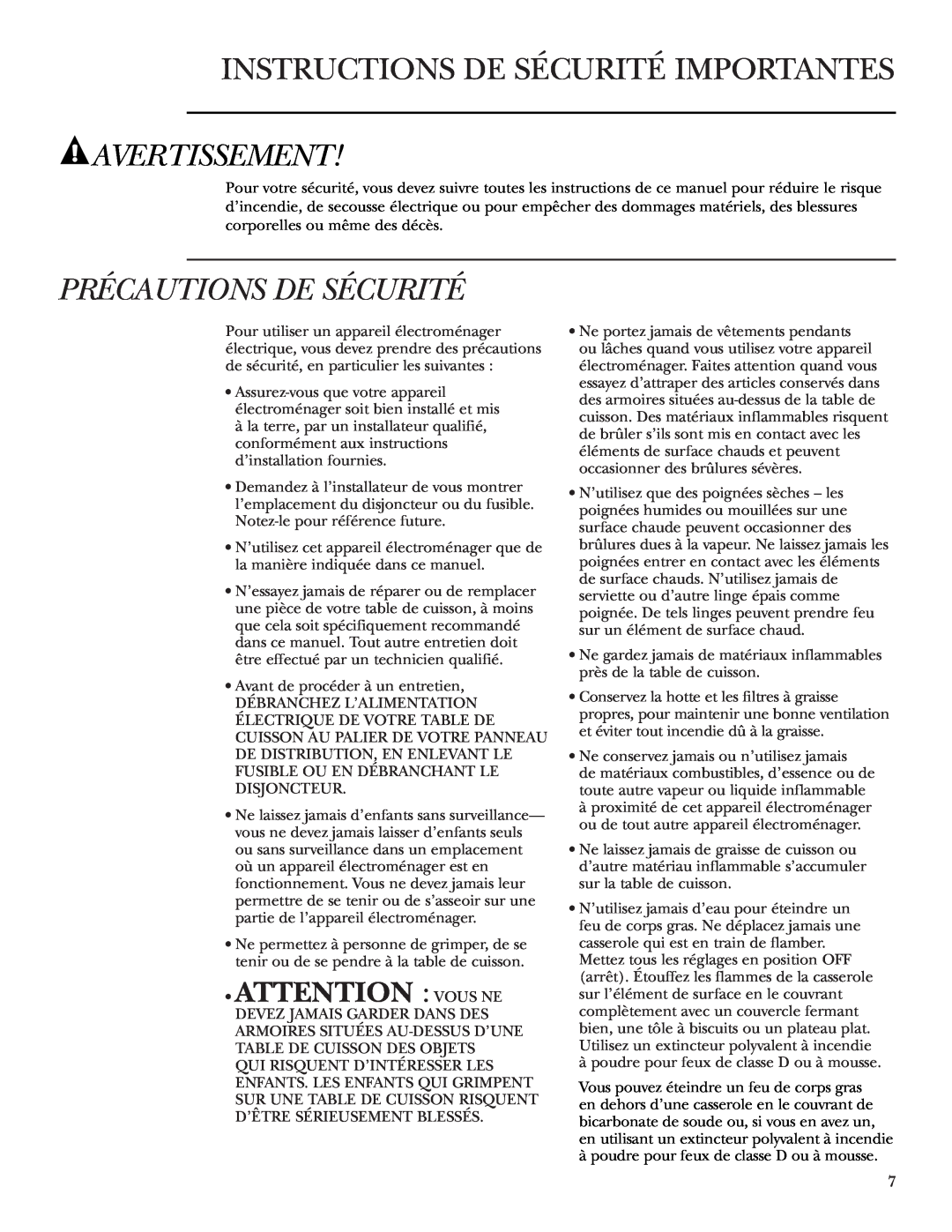 GE Monogram ZEU36K Instructions De Sécurité Importantes, Avertissement, Précautions De Sécurité, Attention Vous Ne 