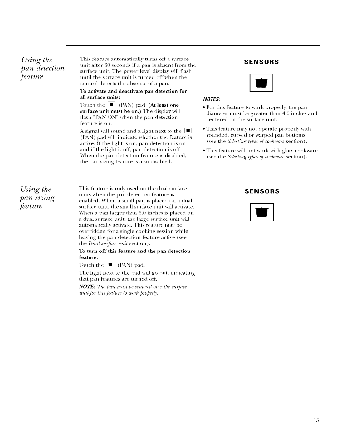 GE Monogram ZEU30R, ZEU36R manual Pan detection, Using Pan sizing Feature 