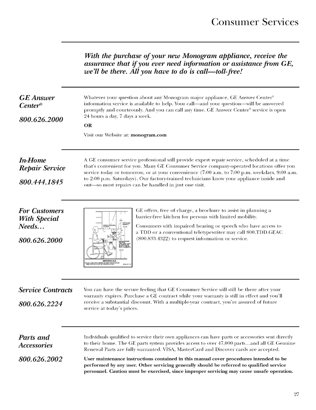 GE Monogram ZEU30R, ZEU36R manual Repair Service, For Customers, Service Contracts 800, Accessories 