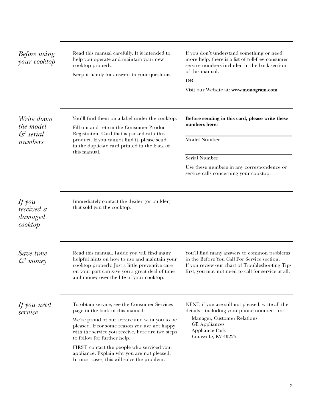 GE Monogram ZEU30R Beore using your cooktop Write down the model, Received a Damaged, If you need sovice, Numbers here 