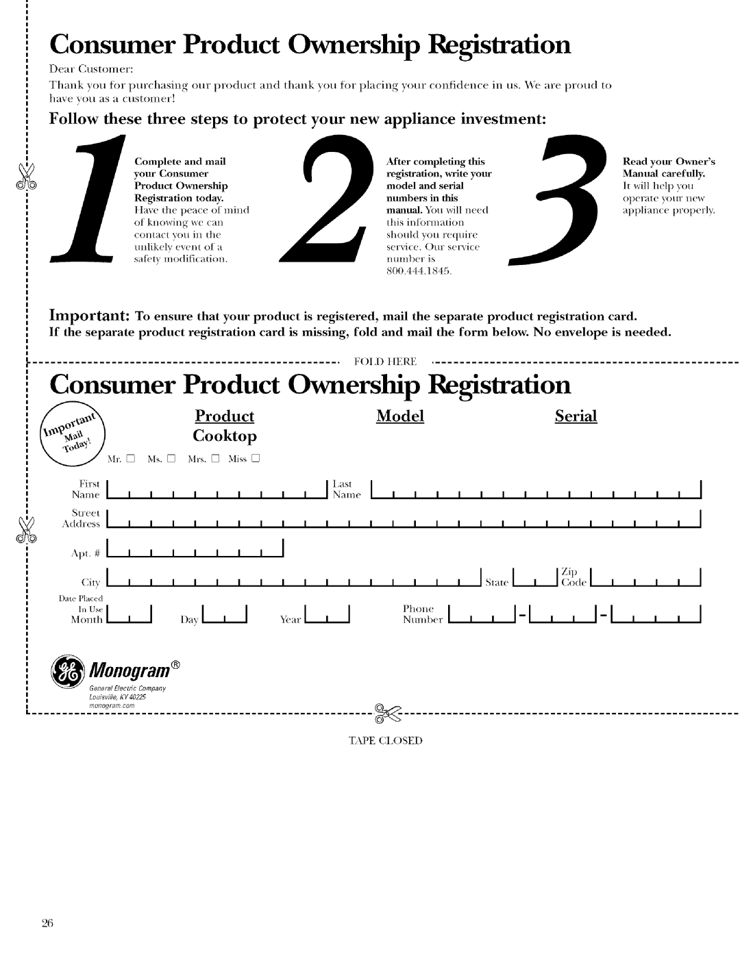 GE Monogram ZEU36R Product, tl,#I, Model, Serial, Cooktop, 22g 22L, YearL, Consumer, Ownership, Registration, =Monogram 