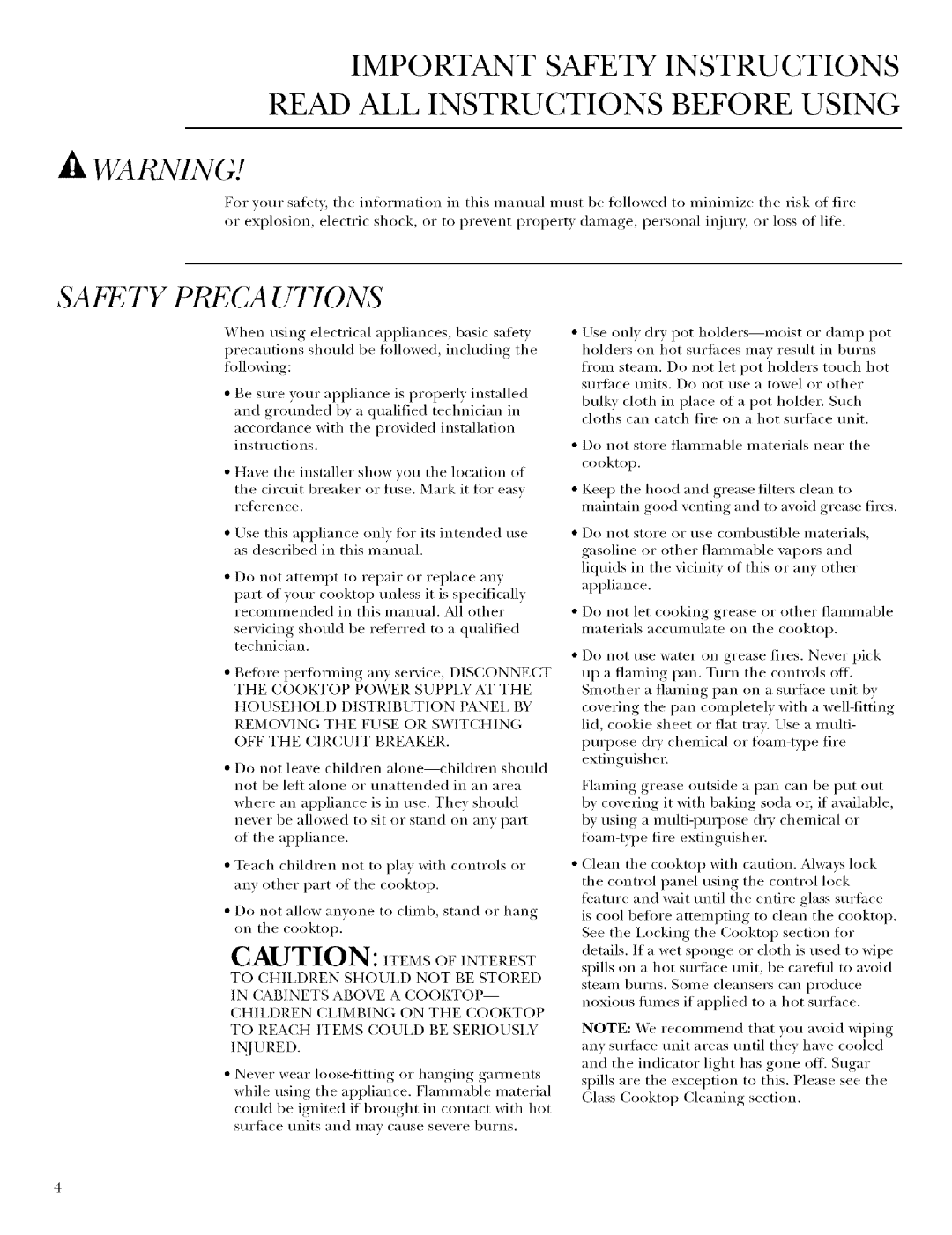 GE Monogram ZEU36R Important Safety Instructions, Read All Instructions Before Using, tk WARNING .t, SAPF, TY PRECA U770NS 