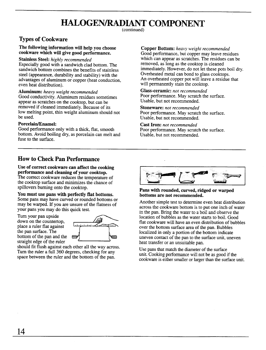 GE Monogram ZGW125, ZEW154, ZEW155, ZEW165, ZEW175 Halogen/R.Adia.Ntcomponent, Vpes of Cookware, How to Check Pan Performance 