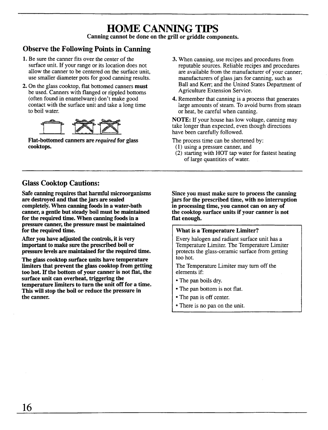 GE Monogram ZEW154, ZEW155, ZEW165 manual Home CA.NNINGTIPS, Observe the Following Points in Canning, Glass Cooktop Cautions 