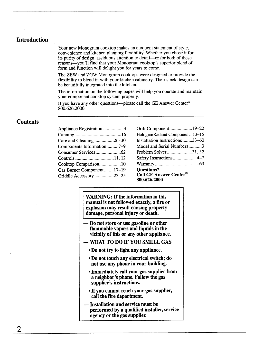 GE Monogram ZEW165, ZEW154, ZEW155, ZEW175, ZEW164, ZEW145, ZGW125, ZGW124 manual Introduction, Contents 