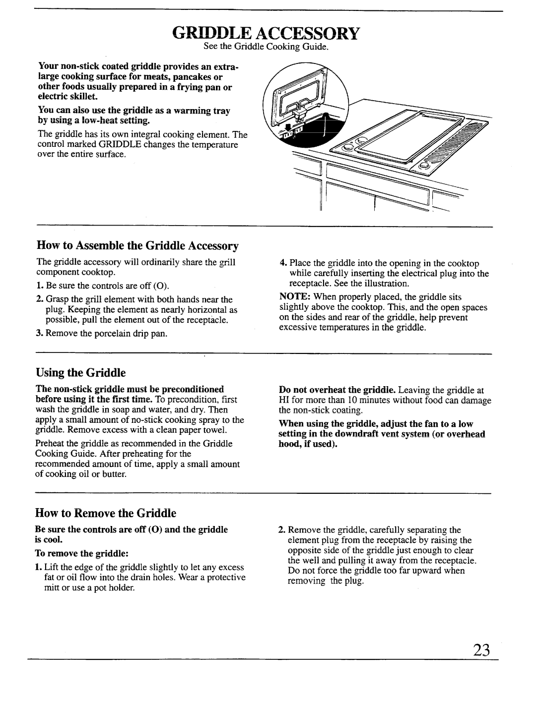 GE Monogram ZGW124, ZEW154, ZEW155 How to Assemble the Griddle Accessory, Using the Griddle, How to Remove the Griddle 