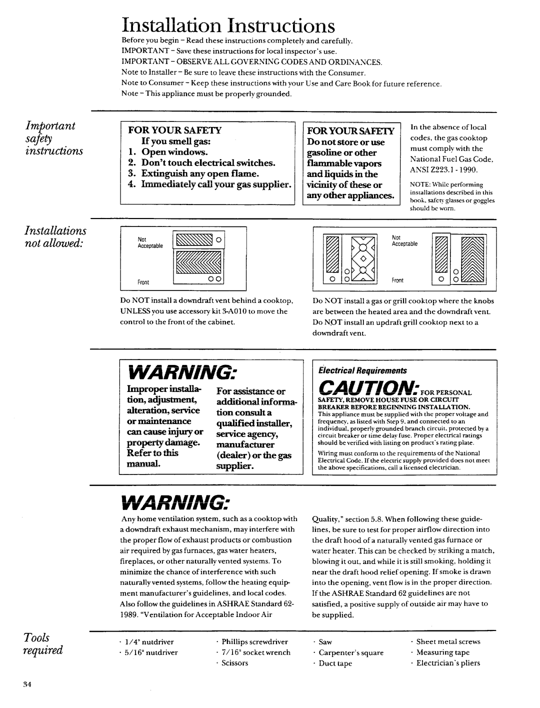 GE Monogram ZEW165, ZEW154 manual Important safety instructions, Installations not allowed, Took required, Vich+ of these or 