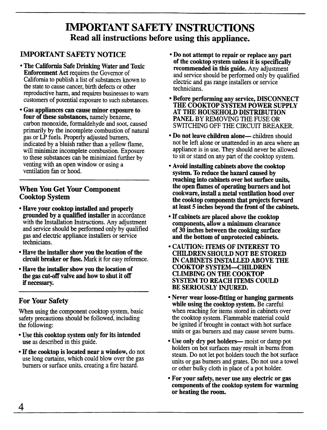 GE Monogram ZEW164, ZEW154, ZEW155 IMPORT~ Safety Instructions, When You Get Your Component Cooktop System, For Your Safety 