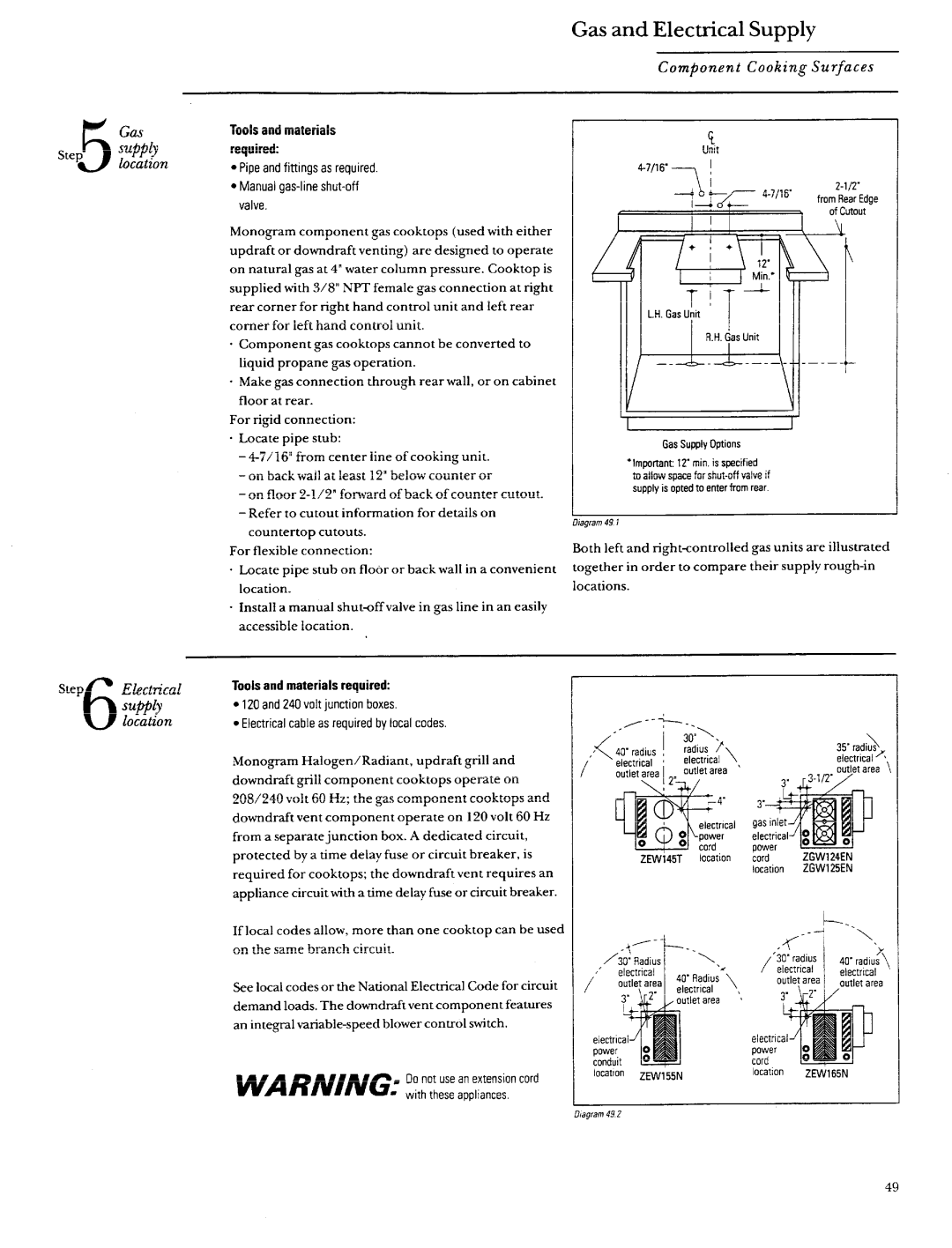 GE Monogram ZEW155, ZEW154, ZEW165, ZEW175, ZEW164, ZEW145, ZGW125, ZGW124 manual Gas and Electrical Supply, ‘1 \r2 I /out’etarea 