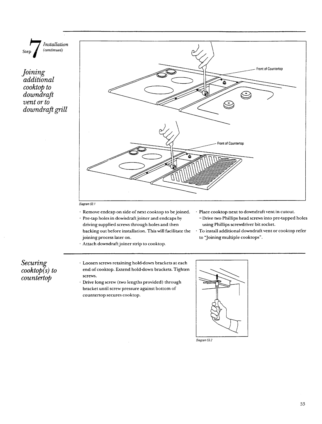 GE Monogram ZEW145, ZEW154, ZEW155, ZEW165, ZEW175, ZEW164, ZGW125, ZGW124 manual Securing cooktopsto countertop 