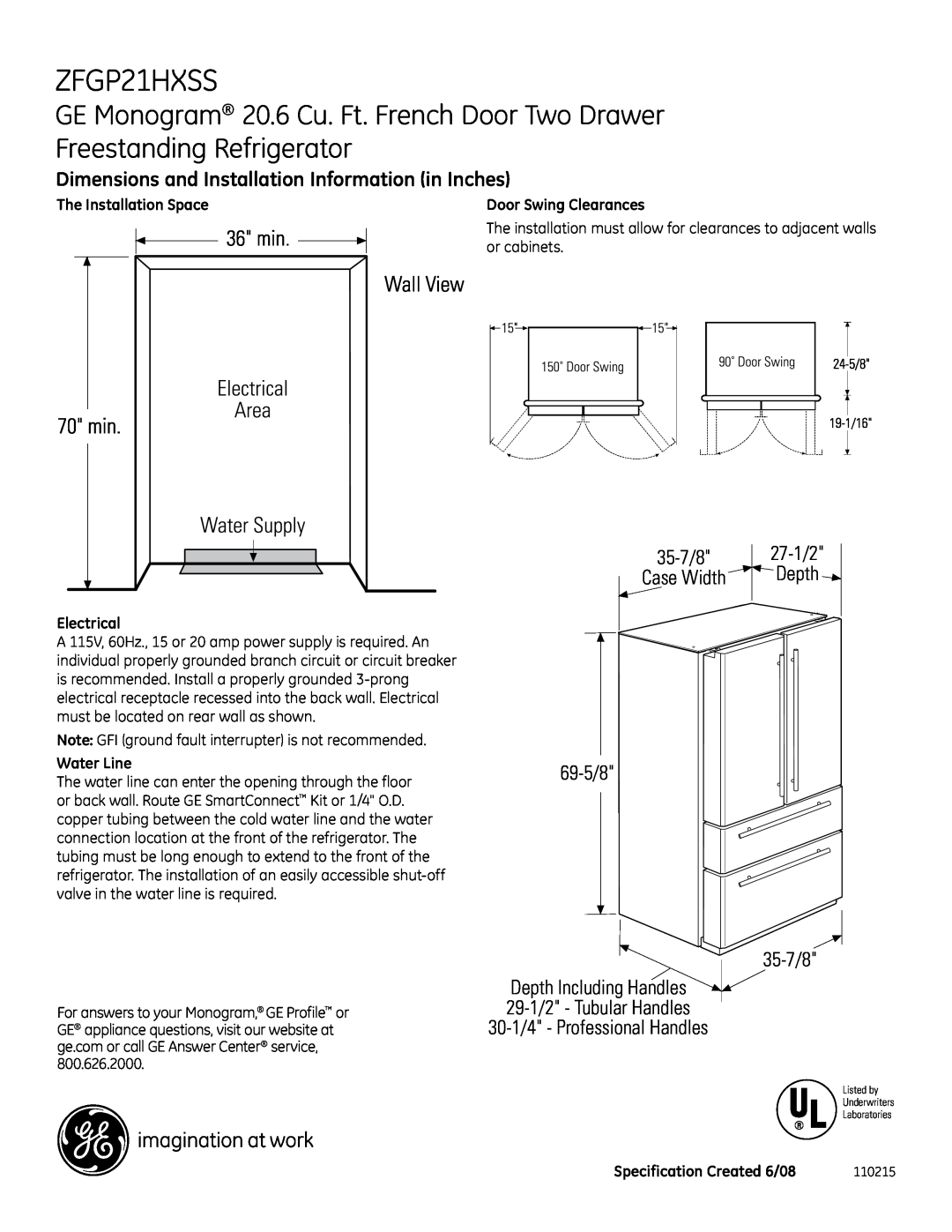 GE Monogram ZFGP21HXSS dimensions GE Monogram 20.6 Cu. Ft. French Door Two Drawer, Freestanding Refrigerator, 35-7/8 