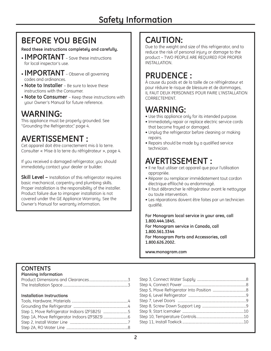 GE Monogram ZFSB23DSS installation instructions Before YOU Begin, Contents 