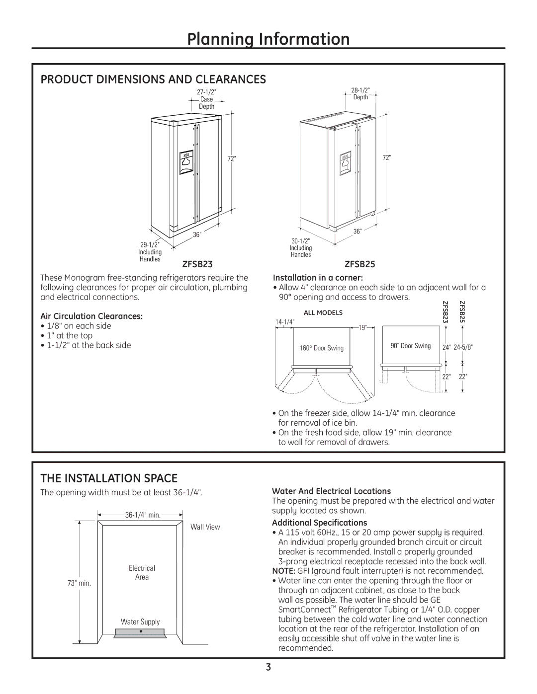 GE Monogram ZFSB23DSS Installation Space, Air Circulation Clearances, Installation in a corner, Additional Specifications 