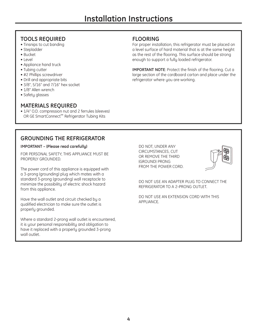 GE Monogram ZFSB23DSS installation instructions Tools Required Flooring, Materials Required, Grounding the Refrigerator 