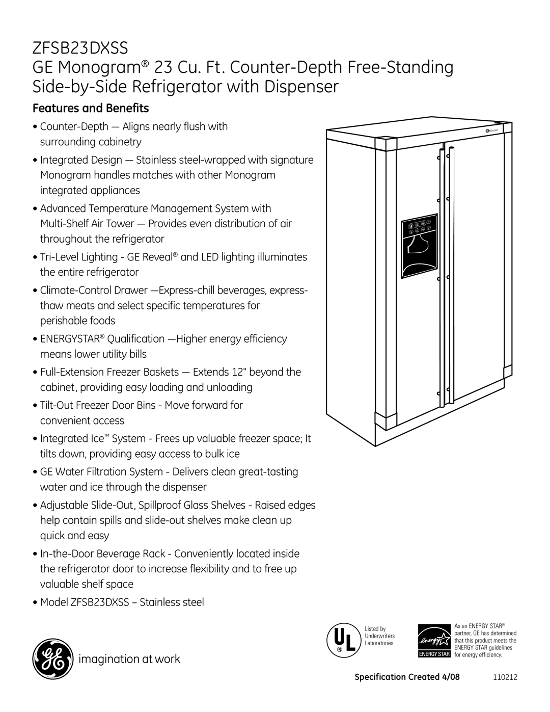 GE Monogram ZFSB23DXSS dimensions Features and Benefits 