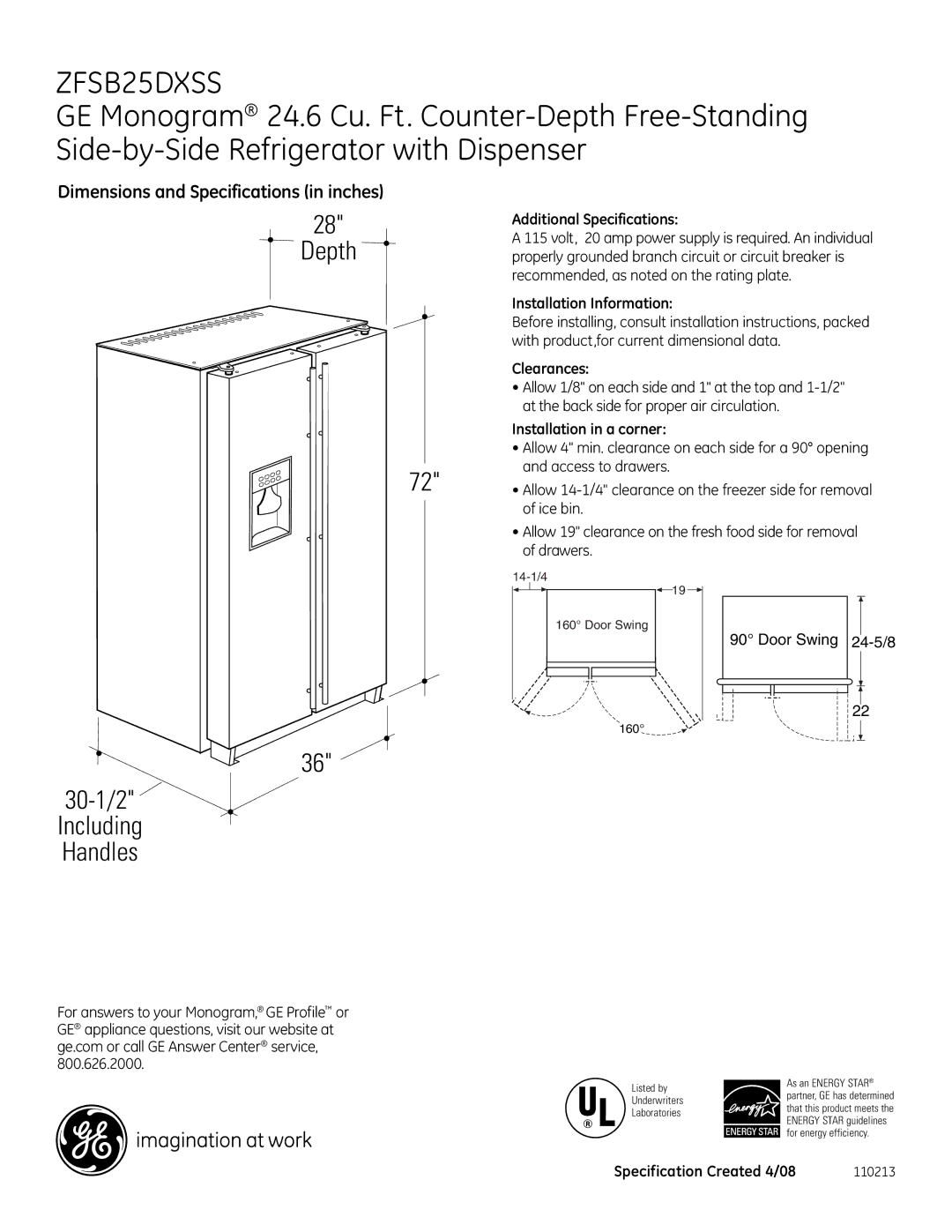 GE Monogram ZFSB25DXSS dimensions Depth, 30-1/2 Including Handles 