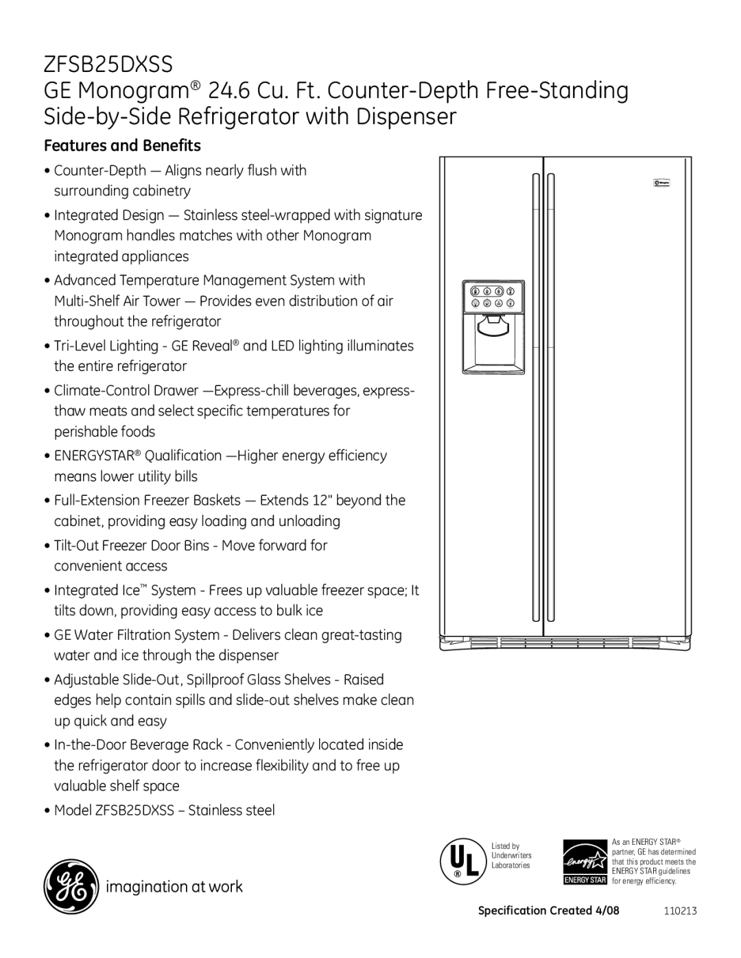 GE Monogram ZFSB25DXSS dimensions Features and Benefits 