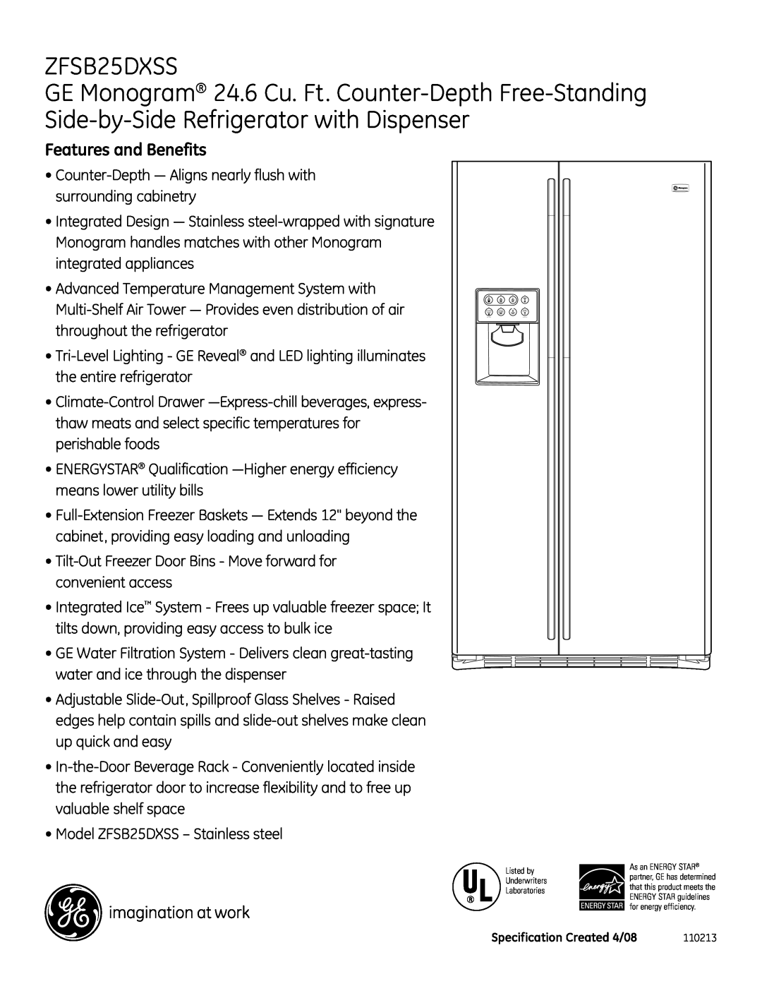 GE Monogram ZFSB25DXSS dimensions Features and Benefits 