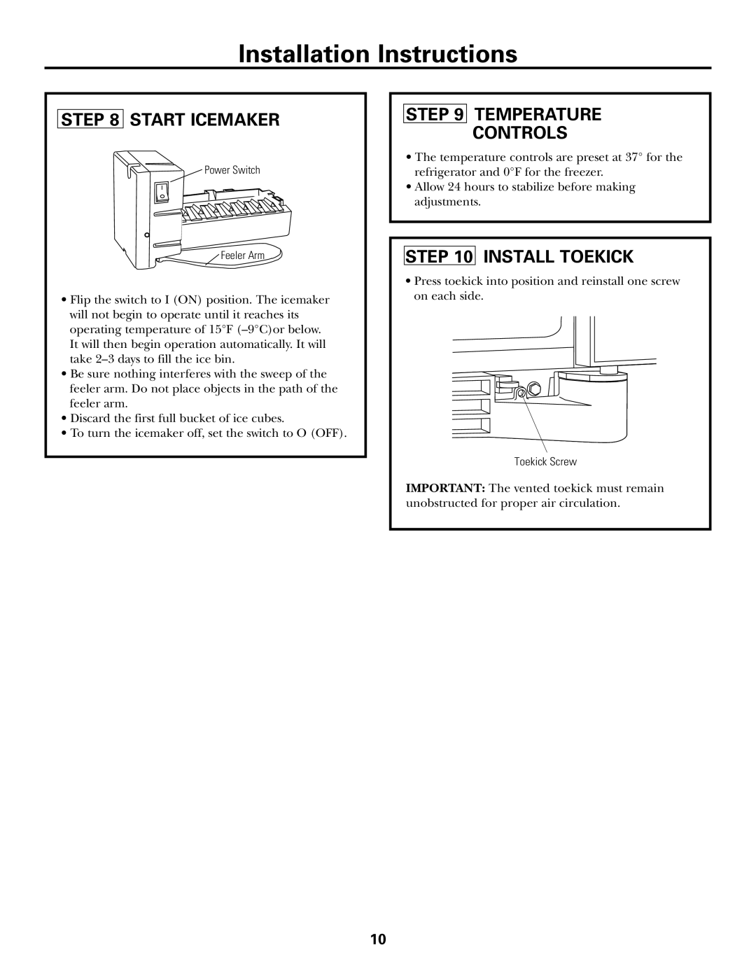 GE Monogram ZFSB26D SS, ZFSB25D SS installation instructions Start Icemaker, Temperature Controls, Install Toekick 