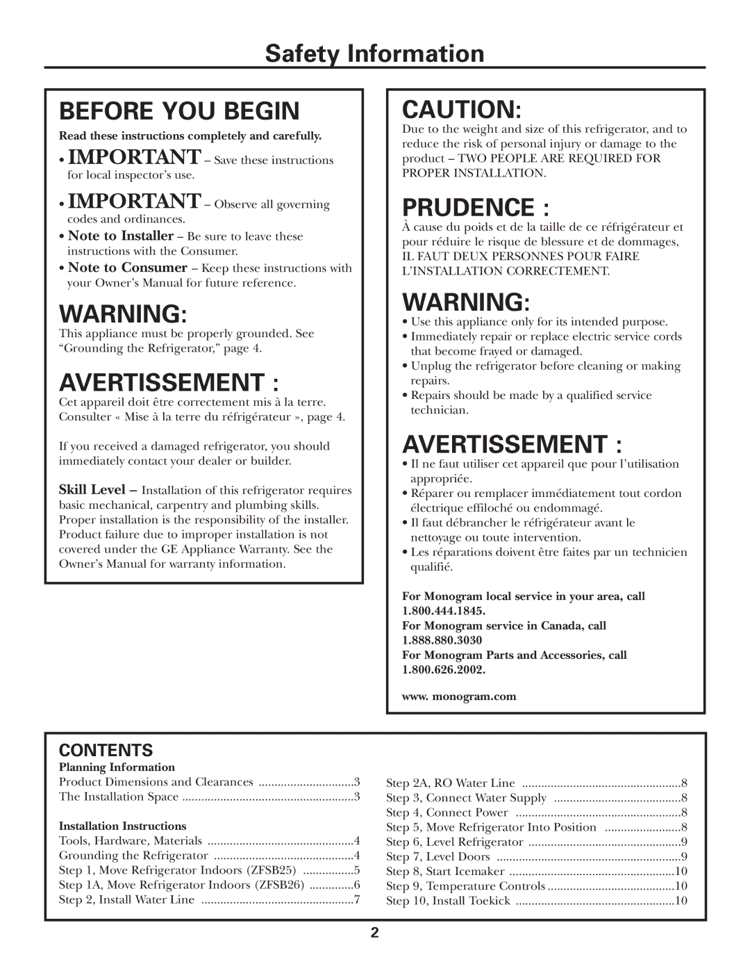 GE Monogram ZFSB26D SS, ZFSB25D SS installation instructions Before YOU Begin, Contents 