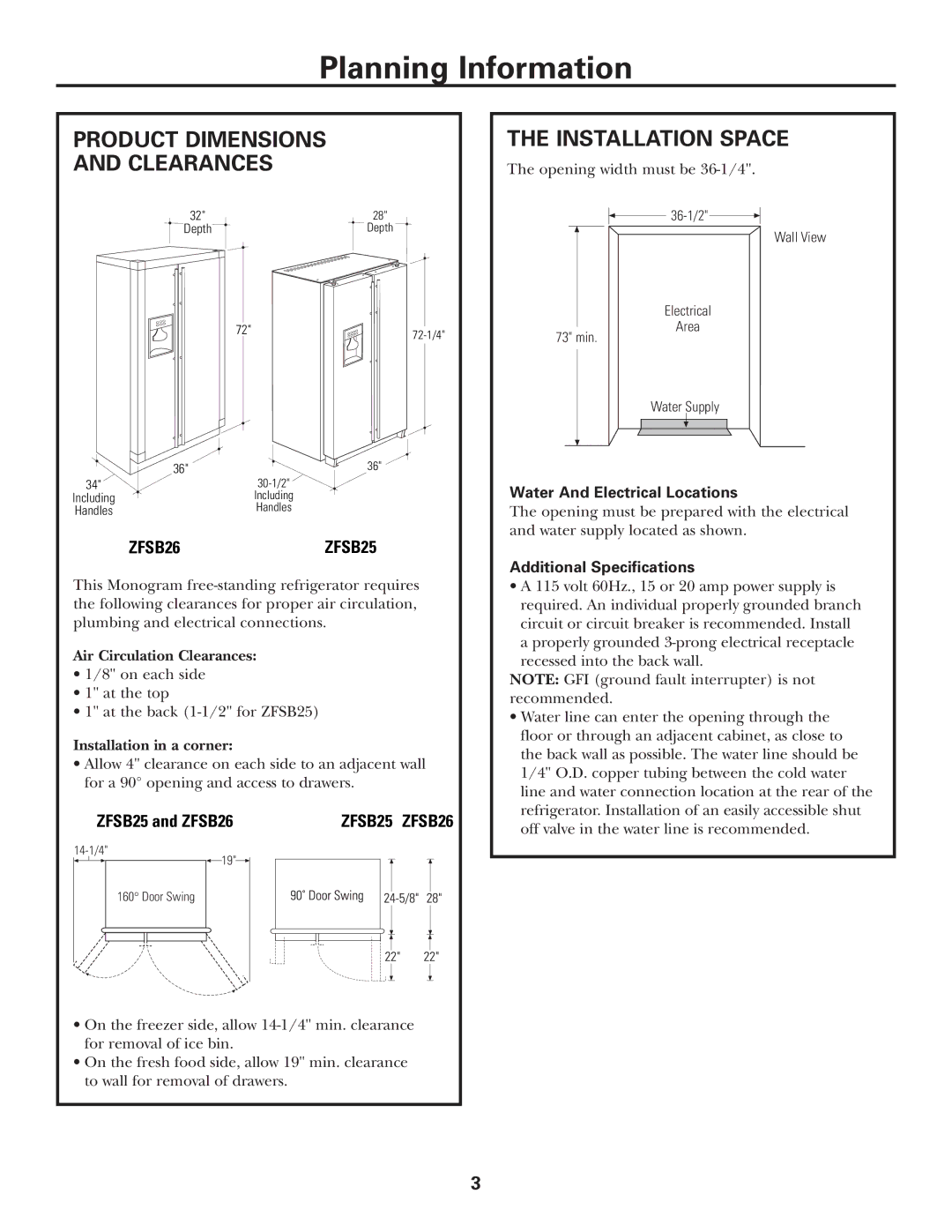 GE Monogram ZFSB25D SS, ZFSB26D SS Product Dimensions and Clearances Installation Space, Water And Electrical Locations 