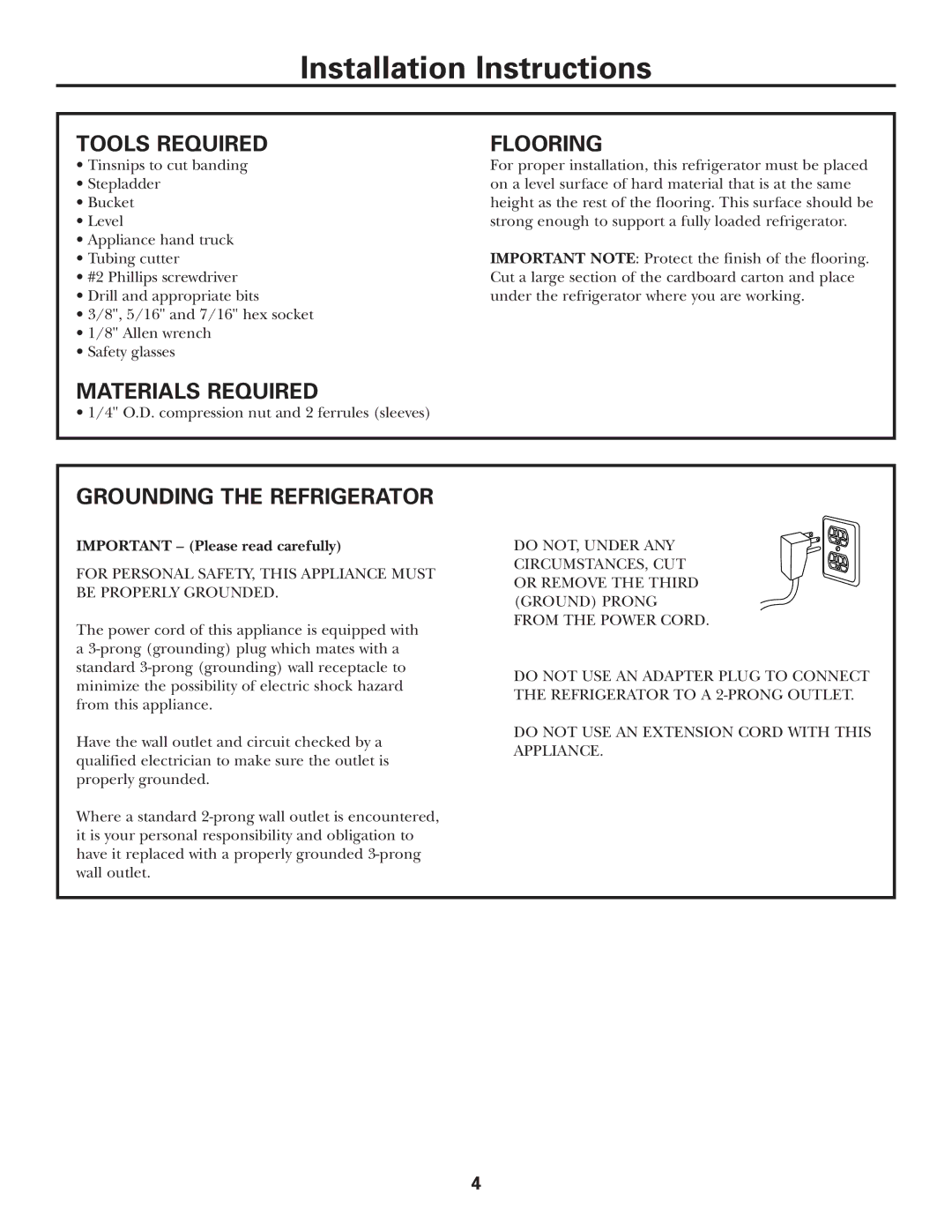 GE Monogram ZFSB26D SS, ZFSB25D SS Tools Required Flooring, Materials Required, Grounding the Refrigerator 