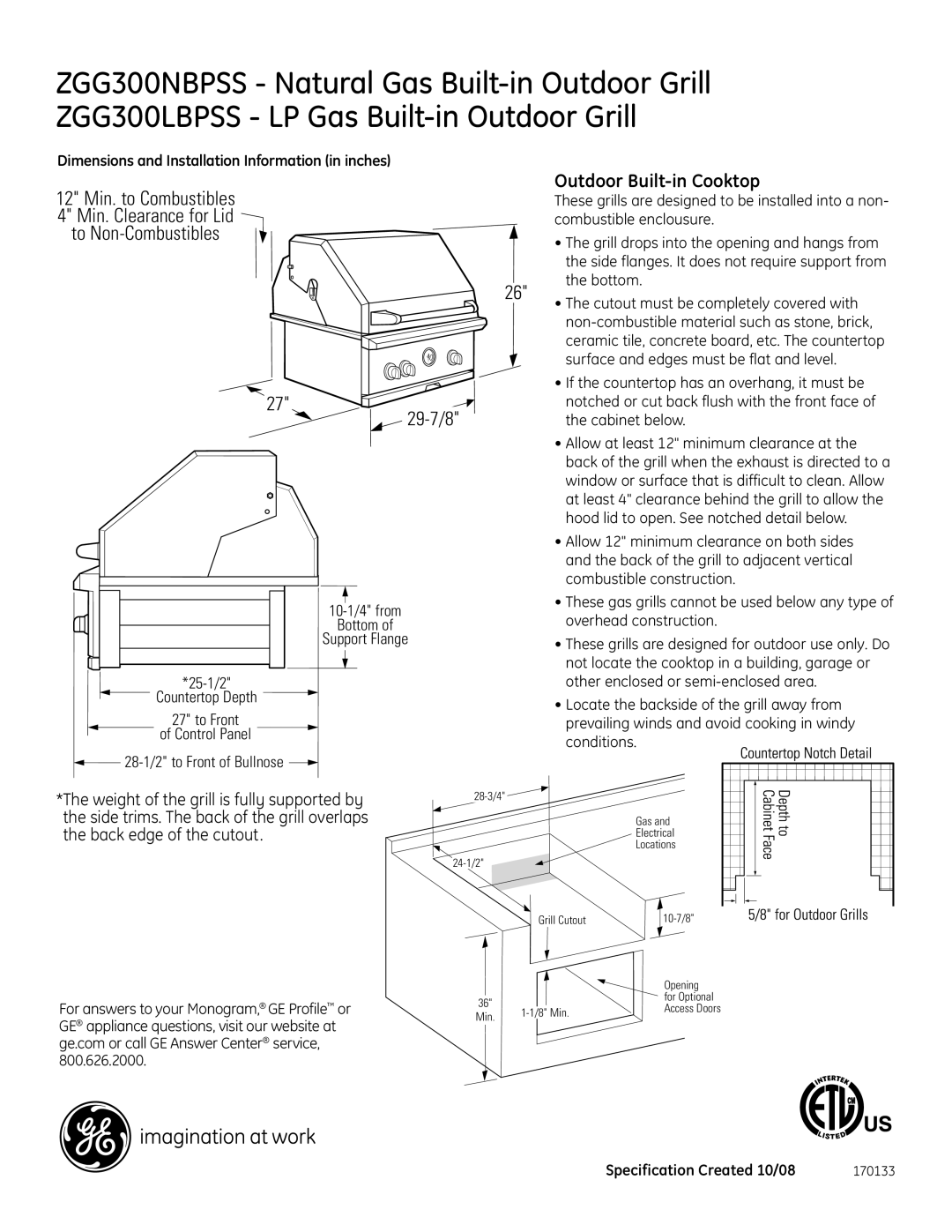 GE Monogram ZGG300LBPSS, ZGG300NBPSS dimensions 12 Min. to Combustibles, Min. Clearance for Lid, To Non-Combustibles 