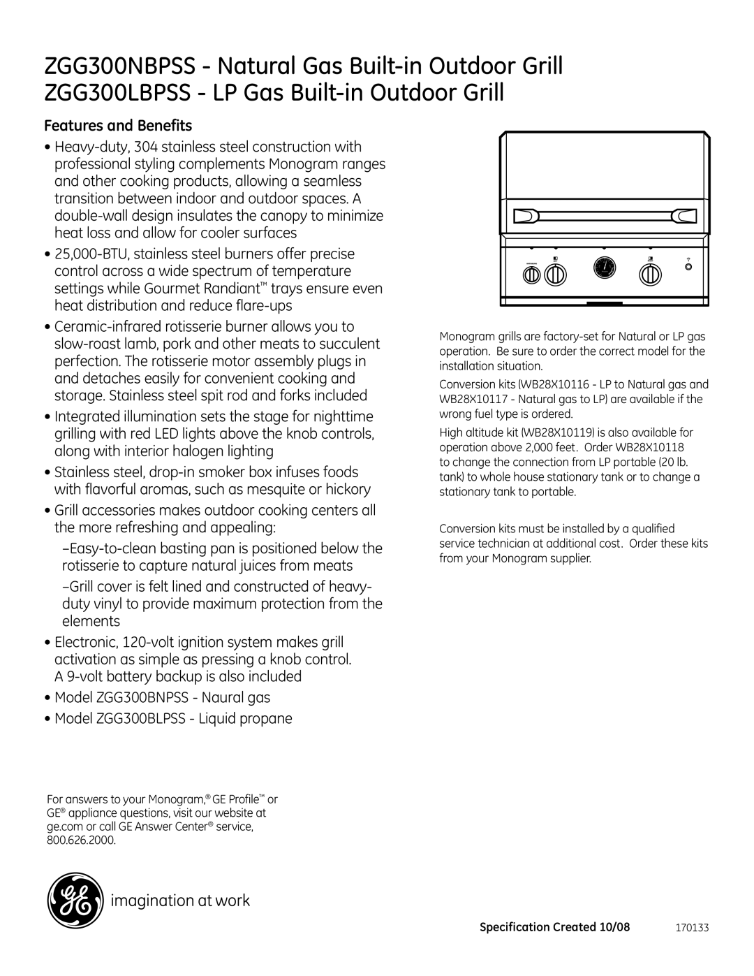 GE Monogram ZGG300NBPSS, ZGG300LBPSS dimensions Features and Benefits 