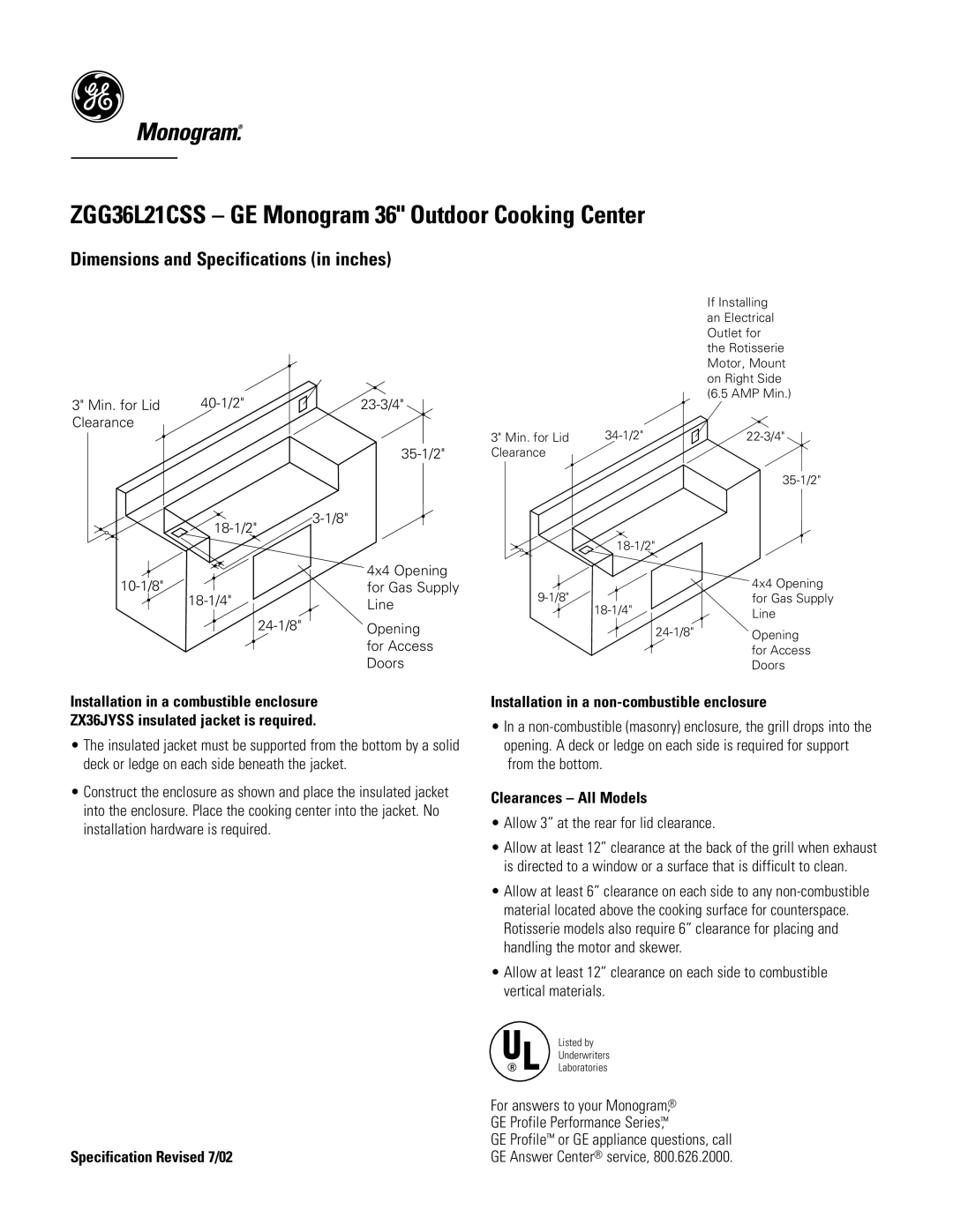 GE Monogram ZGG36L21CSS dimensions Installation in a non-combustible enclosure, Clearances All Models 