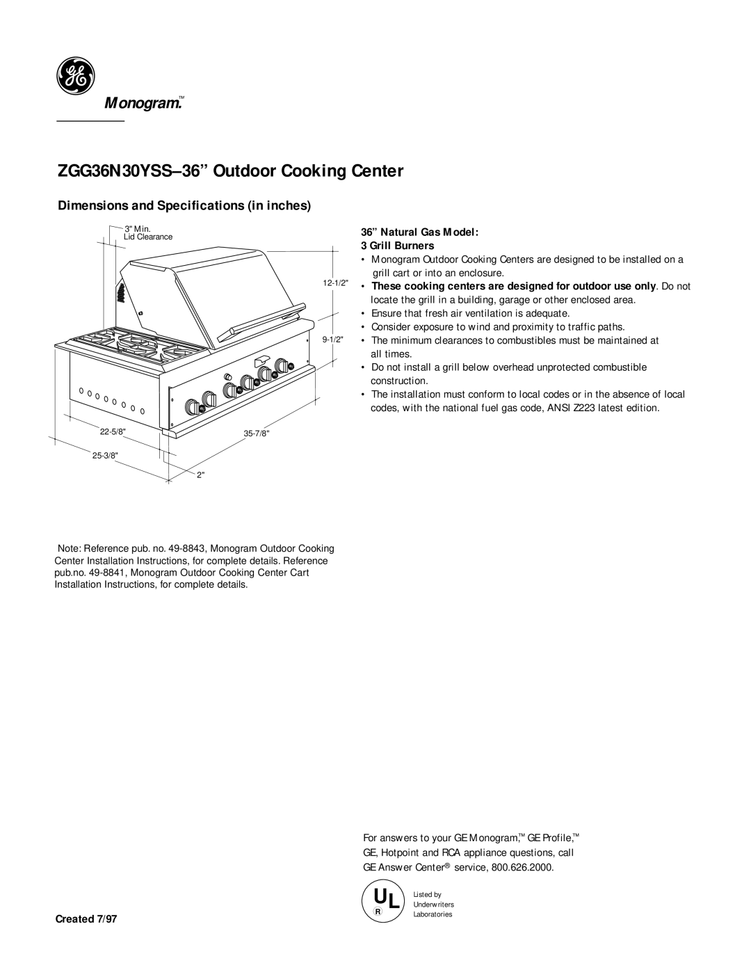 GE Monogram dimensions ZGG36N30YSS-36 Outdoor Cooking Center, Dimensions and Specifications in inches, Created 7/97 