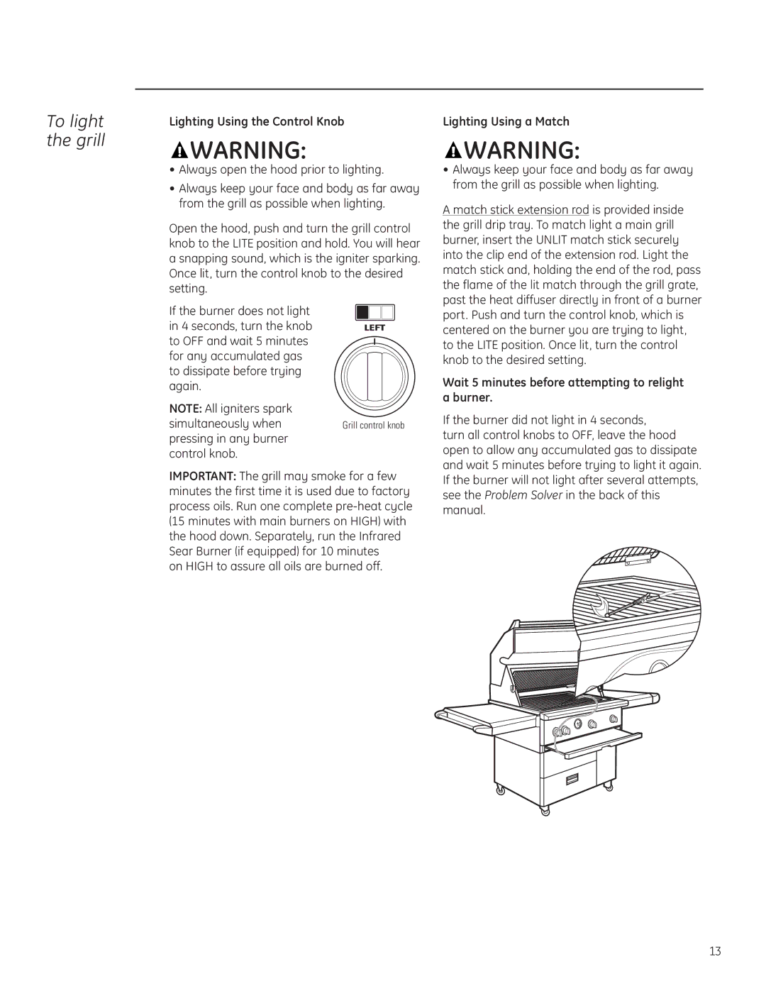 GE Monogram ZGG420LBPSS owner manual To light the grill, Lighting Using the Control Knob, Lighting Using a Match 