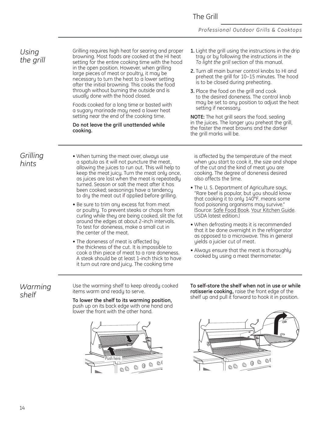 GE Monogram ZGG420LBPSS Using the grill, Grilling hints, Warming shelf, Do not leave the grill unattended while cooking 