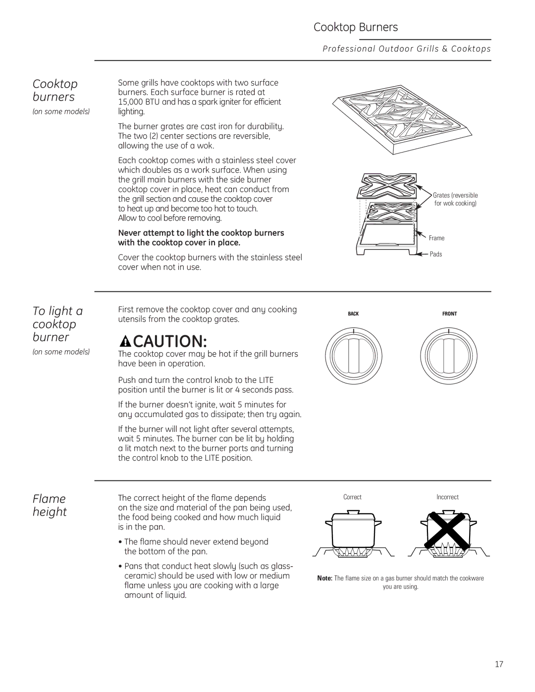 GE Monogram ZGG420LBPSS owner manual Cooktop burners, To light a cooktop burner, Flame height 