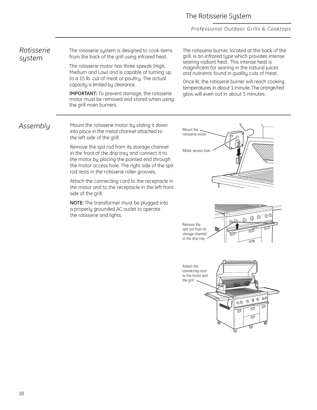 GE Monogram ZGG420LBPSS owner manual Assembly, Rotisserie system 