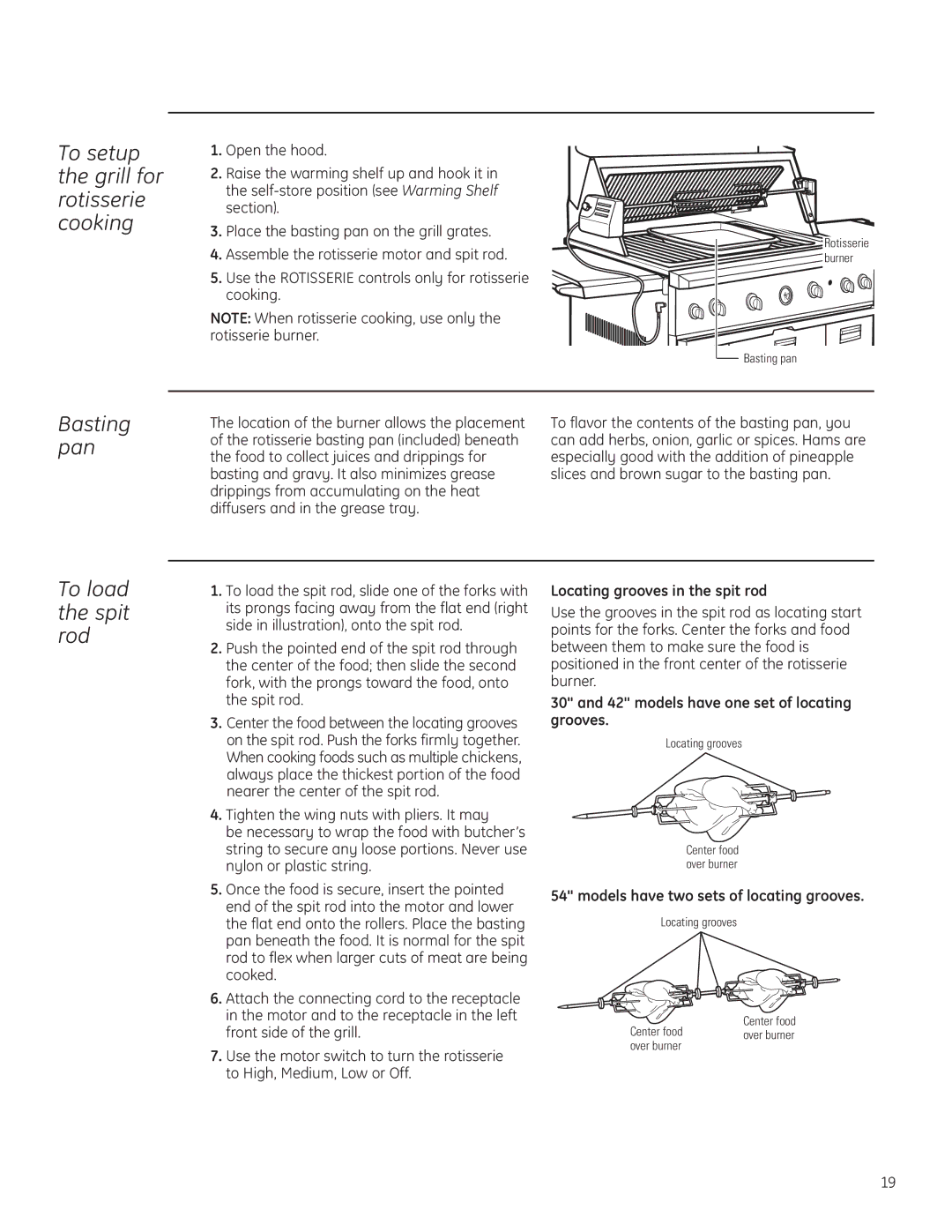 GE Monogram ZGG420LBPSS owner manual To setup the grill for rotisserie cooking, Basting pan, To load the spit rod 