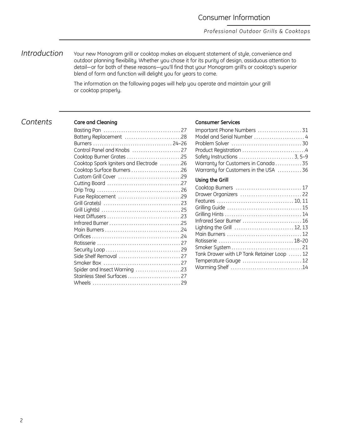 GE Monogram ZGG420LBPSS owner manual Contents 