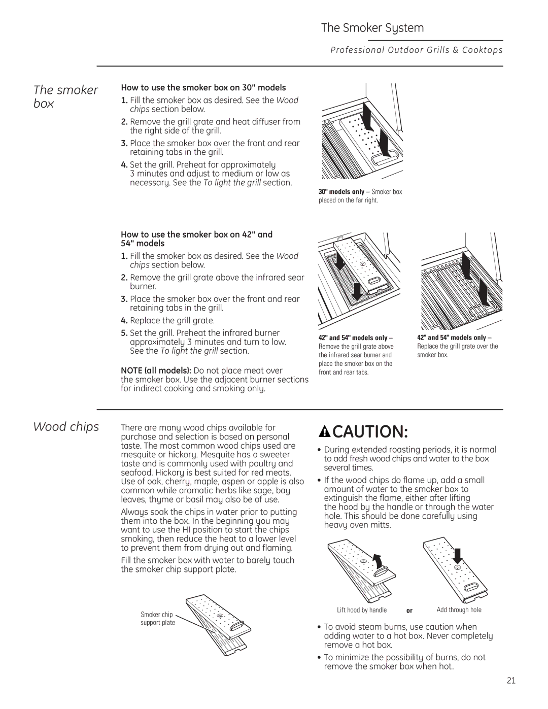 GE Monogram ZGG420LBPSS Smoker box, How to use the smoker box on 30 models, How to use the smoker box on 42 and 54 models 