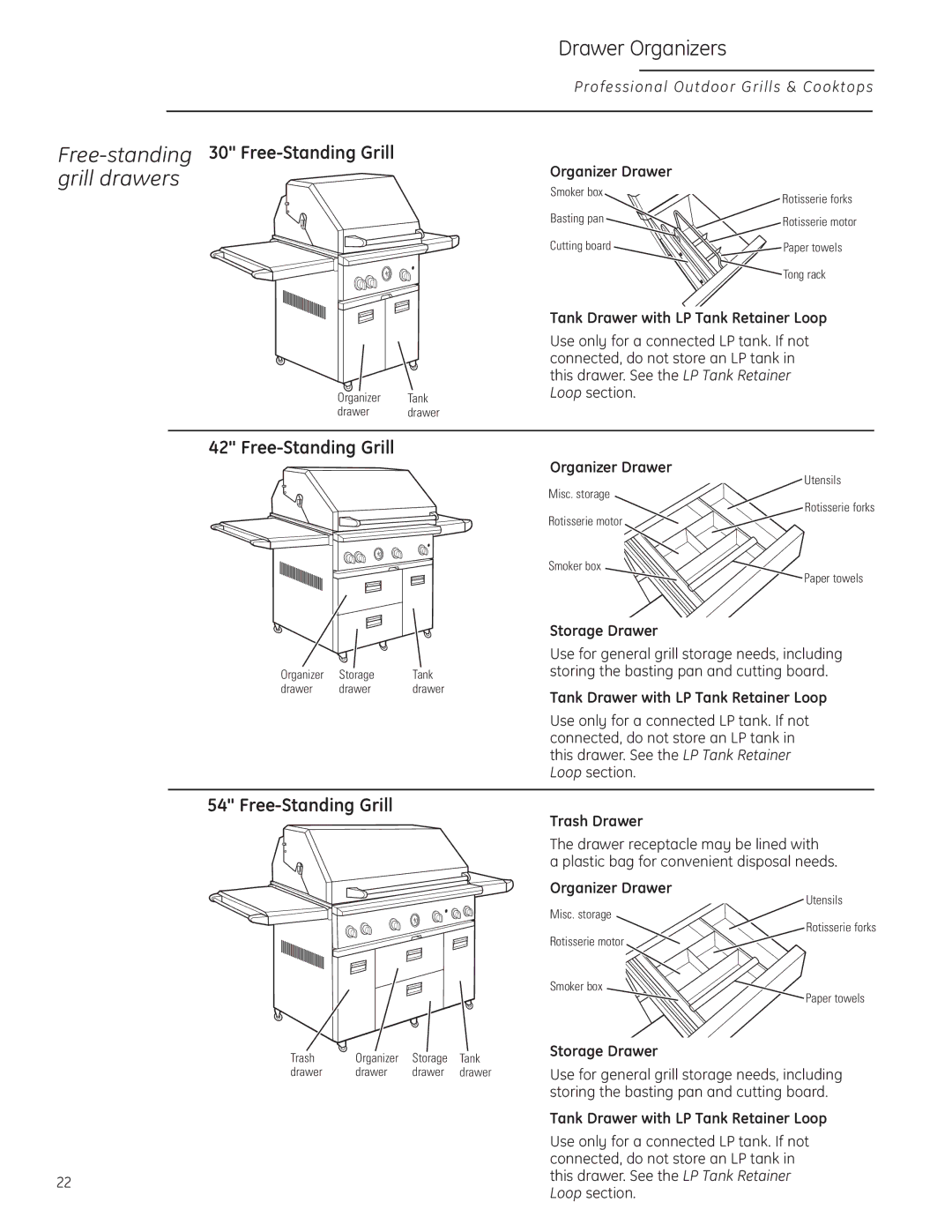 GE Monogram ZGG420LBPSS owner manual Organizer Drawer, Tank Drawer with LP Tank Retainer Loop, Storage Drawer, Trash Drawer 