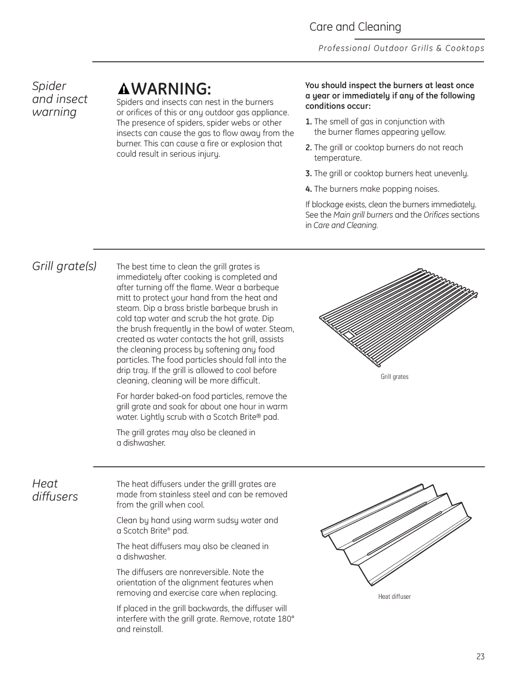 GE Monogram ZGG420LBPSS owner manual Grill grates Heat diffusers, Spider and insect warning 