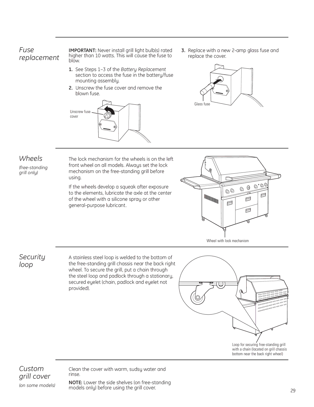 GE Monogram ZGG420LBPSS owner manual Wheels, Security loop Custom grill cover, Fuse replacement 