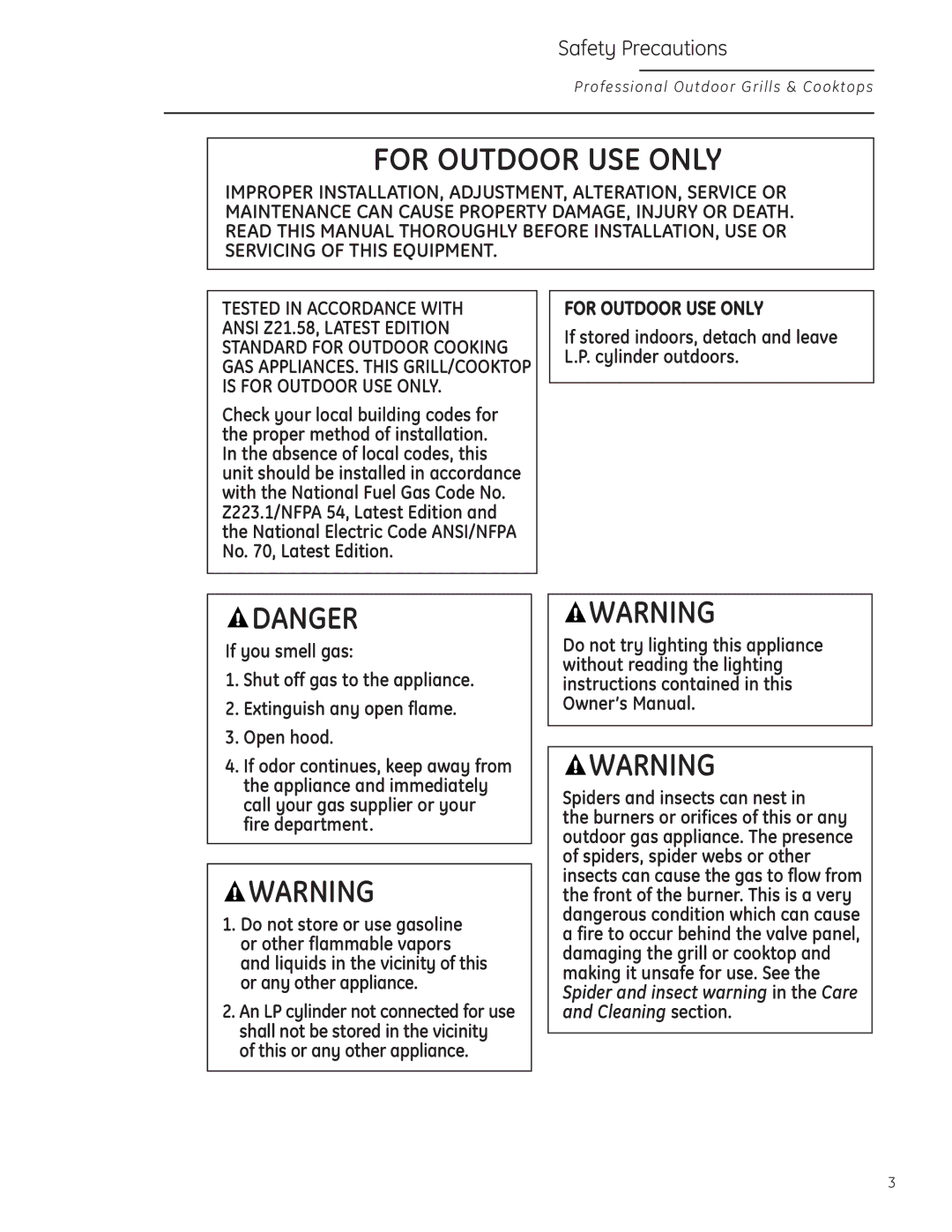 GE Monogram ZGG420LBPSS owner manual For Outdoor USE only 