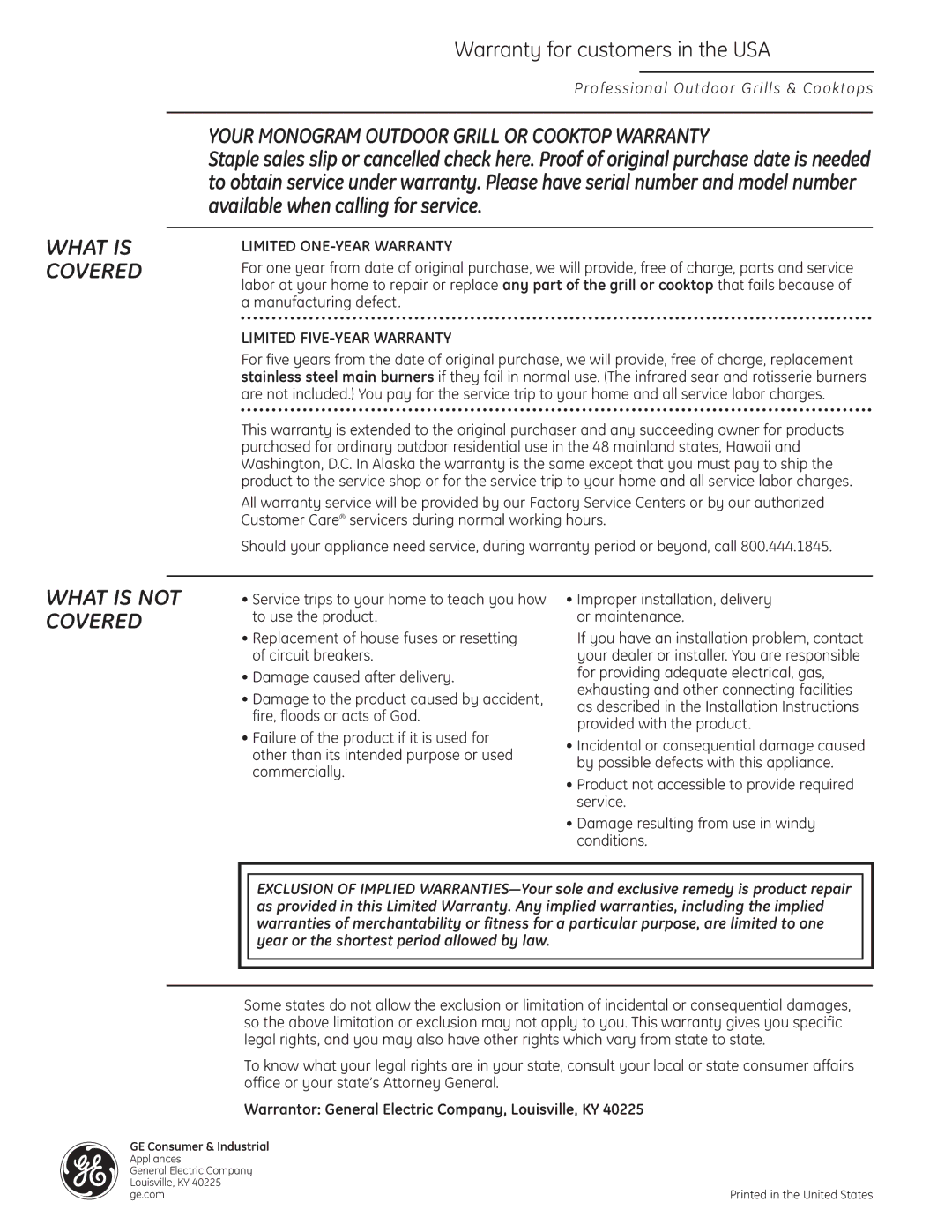 GE Monogram ZGG420LBPSS owner manual Warrantor General Electric Company, Louisville, KY 