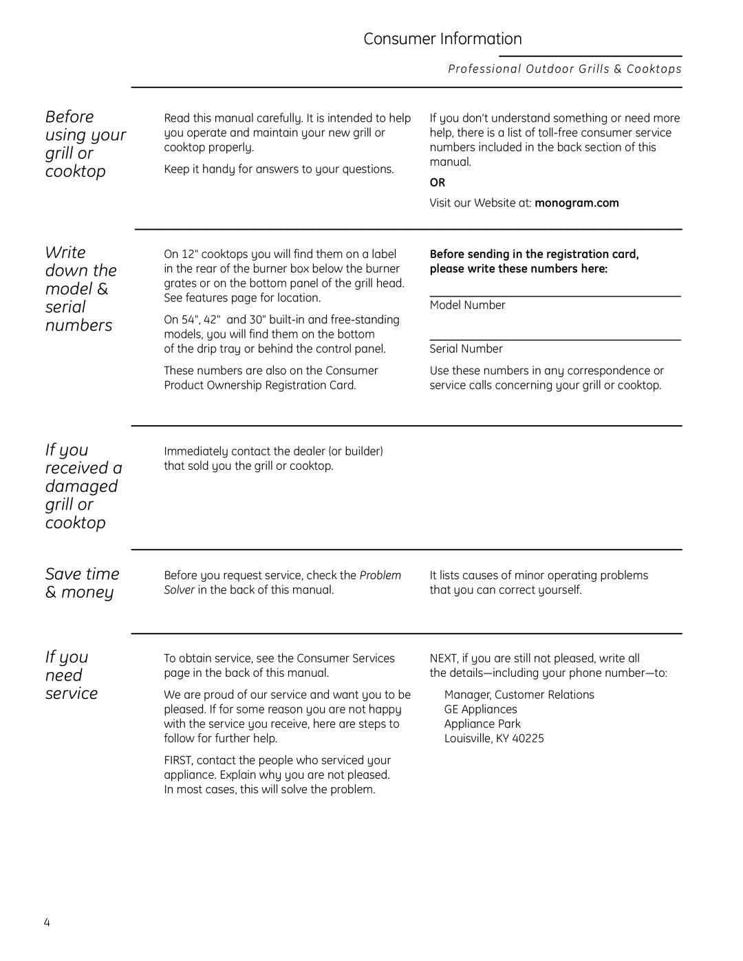 GE Monogram ZGG420LBPSS Before using your grill or cooktop, Write down the model & serial numbers, If you need service 
