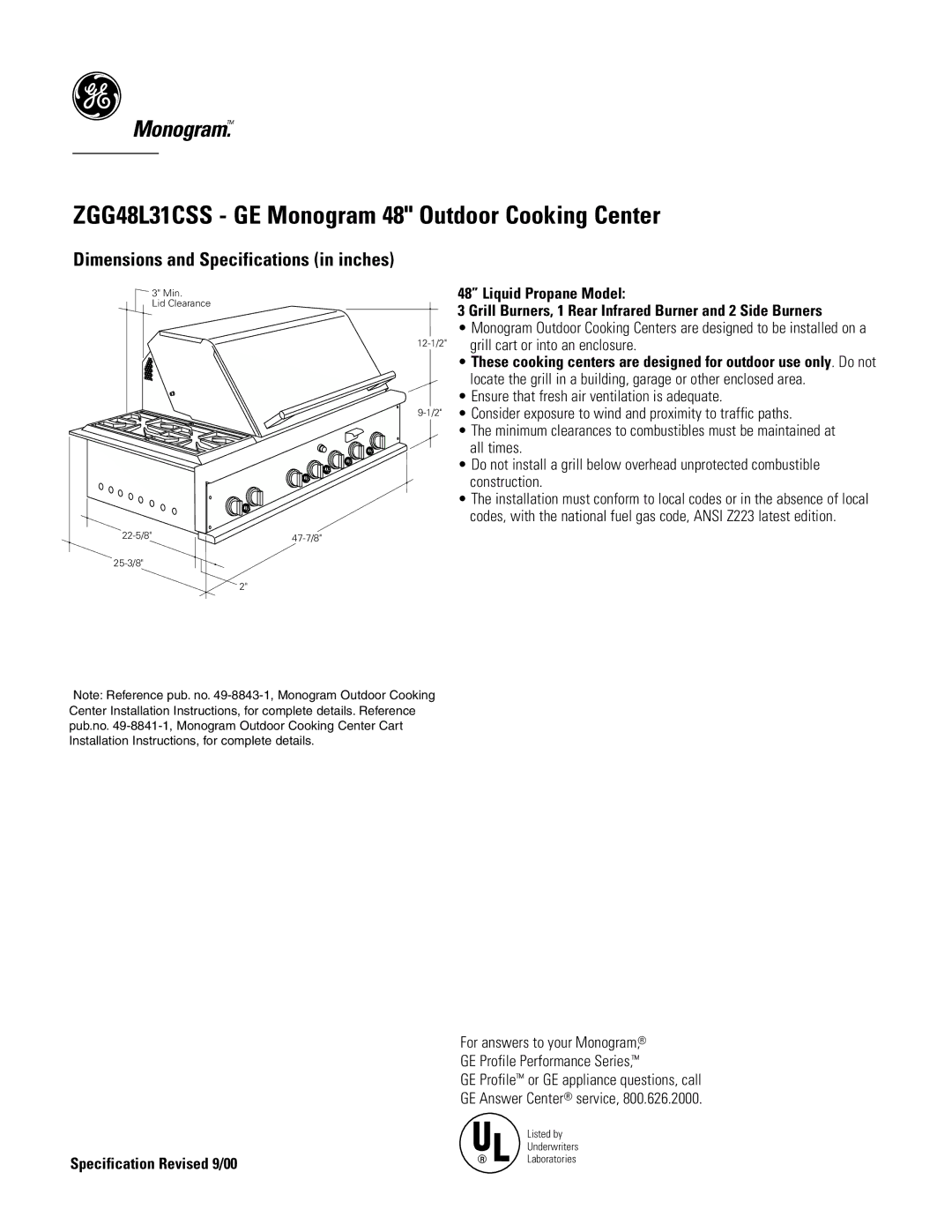 GE Monogram dimensions ZGG48L31CSS GE Monogram 48 Outdoor Cooking Center, Dimensions and Specifications in inches 