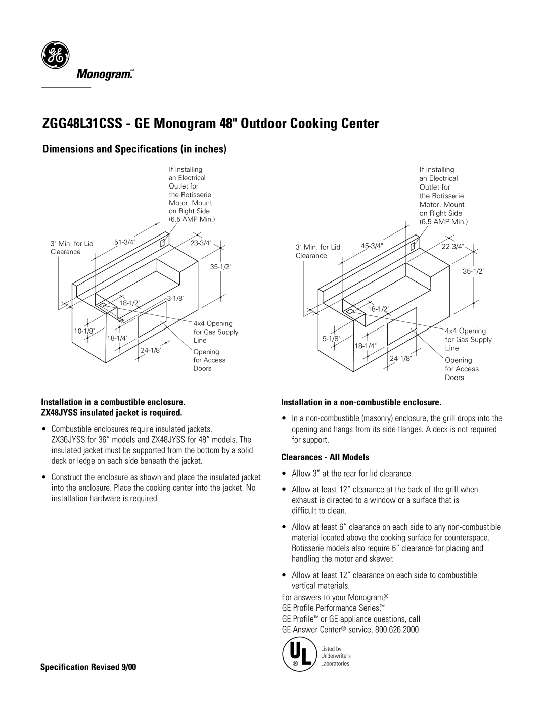 GE Monogram ZGG48L31CSS dimensions Combustible enclosures require insulated jackets, Clearances All Models 