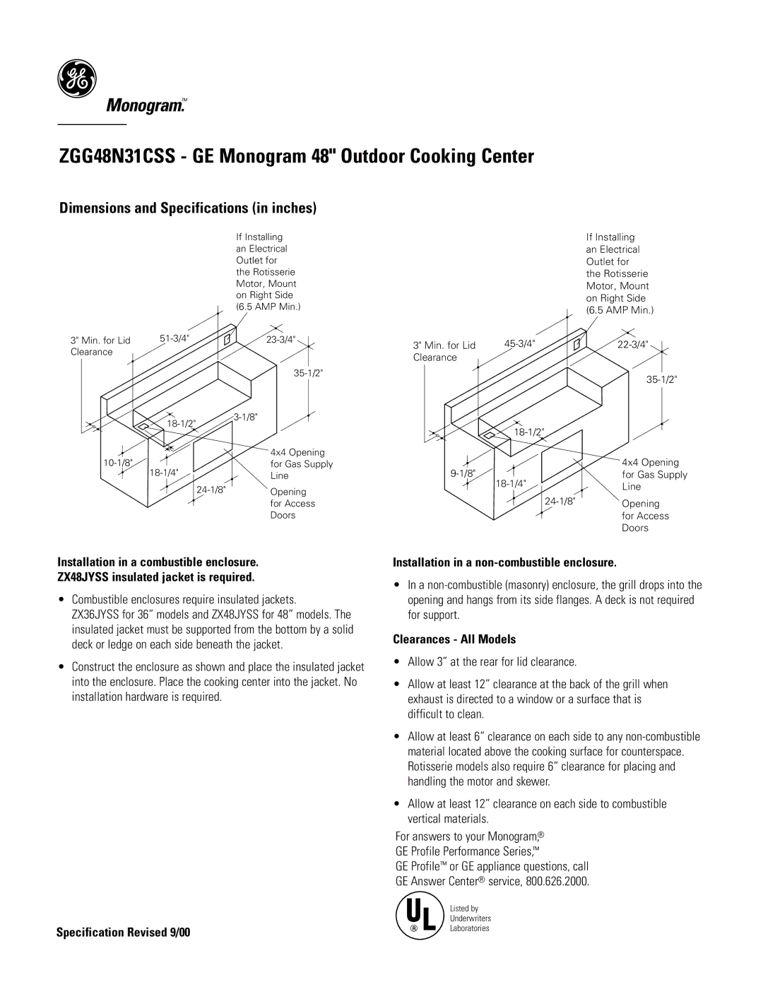 GE Monogram ZGG48N31CSS dimensions Combustible enclosures require insulated jackets, Clearances All Models 